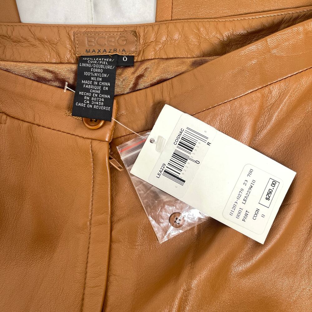 BCBG Max Azria Cognac Leather Pants Size 0 High Rise Straight Leg Real Leather - Picture 4 of 10